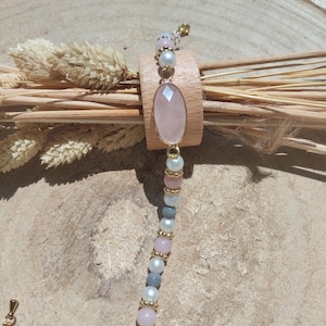 Rose quartz bead bracelet, white and gray beads in gold-plated stainless steel