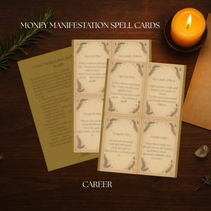 May include: A collection of Money Manifestation Spell Cards with text, a lit candle, and sprigs of greenery on a dark wooden surface. The cards have a vintage design with decorative borders and text. The word "CAREER" is also visible.