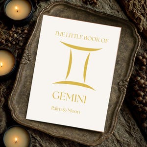 May include: A cream-coloured book titled "The Little Book of Gemini" with gold lettering and a gold Gemini symbol. The book is on a decorative metal tray, surrounded by lit candles and dried foliage.