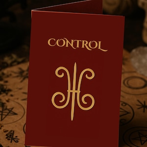 A folded red zine  stands upright on a brown parchment sheet printed with various occult sigils. The zine features a large  sigil on the front cover. The background includes scattered dried herbs, a quartz crystal, a black candleholder, and a human skull, creating a moody, witchy atmosphere.