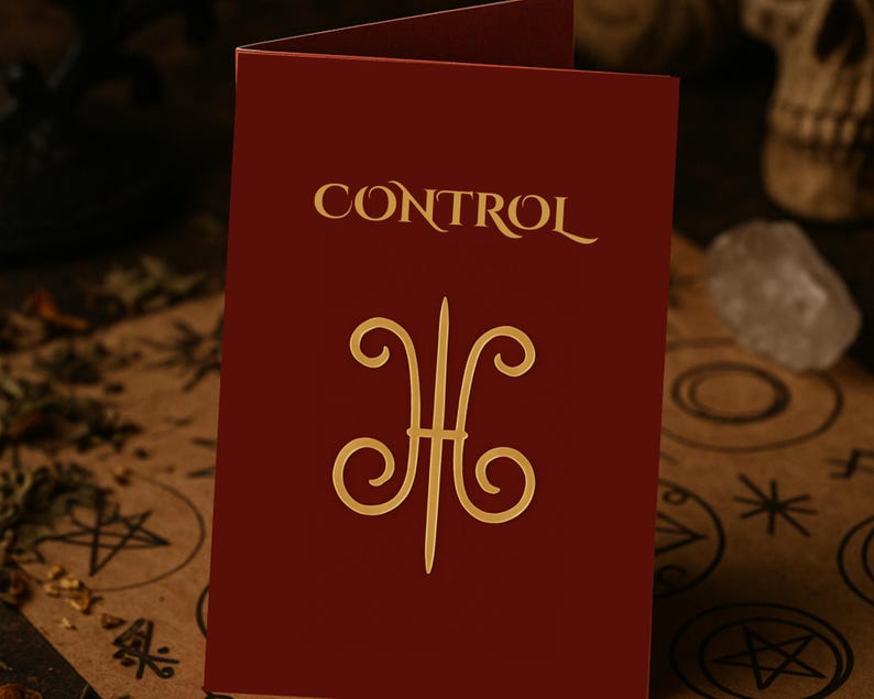 A folded red zine  stands upright on a brown parchment sheet printed with various occult sigils. The zine features a large  sigil on the front cover. The background includes scattered dried herbs, a quartz crystal, a black candleholder, and a human skull, creating a moody, witchy atmosphere.