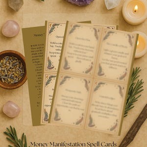Puede incluir: Cartas de hechizos de manifestación de dinero con texto, rodeadas de cristales, velas y hierbas. Las cartas tienen un fondo beige con bordes decorativos y texto. También se incluye un cuenco de madera con lavanda seca.