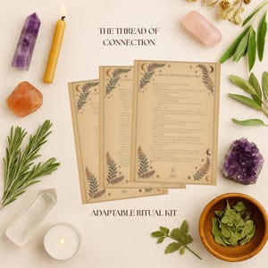 May include: An adaptable ritual kit with three beige cards featuring botanical illustrations, crystals, a candle, and a wooden bowl filled with leaves. The text "THE THREAD OF CONNECTION" and "ADAPTABLE RITUAL KIT" are visible.