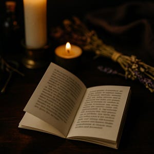 An open booklet with softly blurred pages, displayed in a dim, magical setting with candlelight and shadows