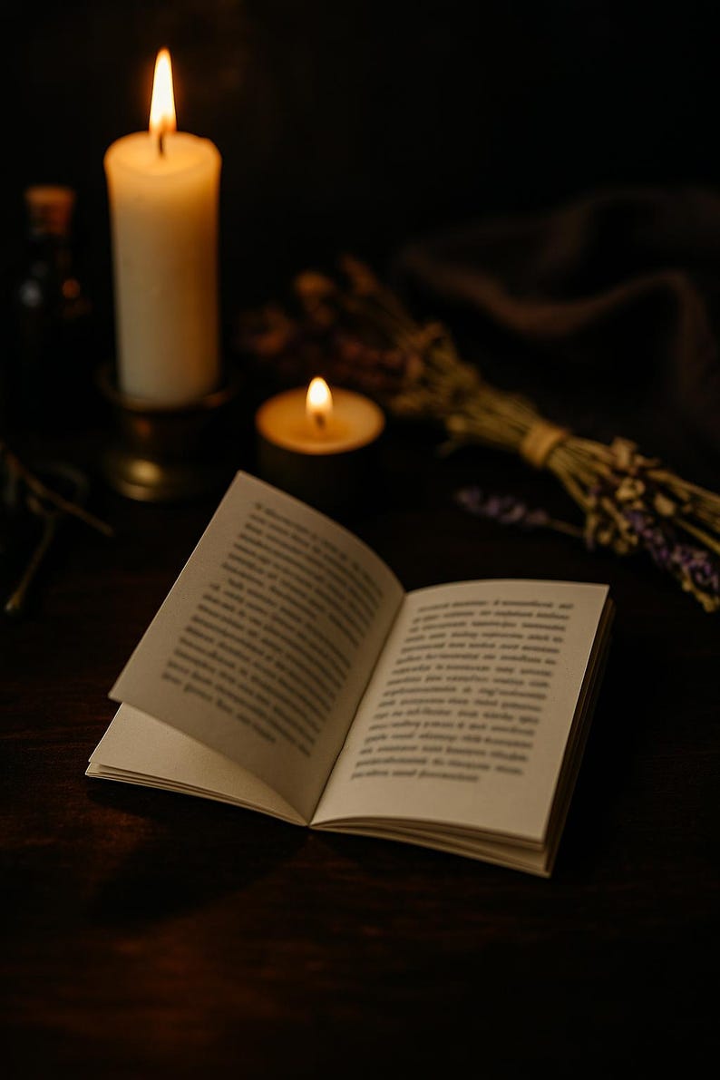 An open booklet with softly blurred pages, displayed in a dim, magical setting with candlelight and shadows