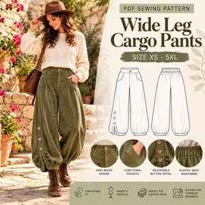 May include: A PDF sewing pattern for wide leg cargo pants in sizes XS to 5XL. The image displays a technical line drawing of the pants, featuring a high waist, functional pockets, an elastic back waistband, and adjustable button details.