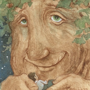 May include: A watercolour painting of a tree with a human face. The tree has green leaves and a brown face with a kind smile. A small person is sitting in the tree's hand.