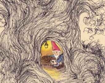 Caring Friend Gnome and Hedgehog 5x7 Print