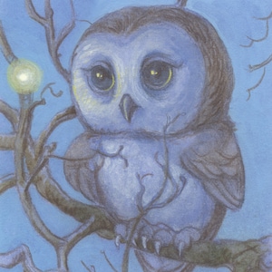 May include: A blue owl with large, dark eyes sits on a branch with a glowing light behind it. The owl is perched on a branch with a blue background. The text "OWLET" is written in the bottom right corner of the image.