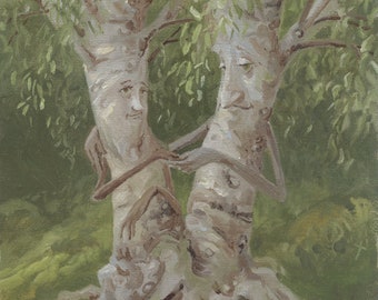 May include: A painting of two trees with faces, intertwined and embracing. The trees are painted in a realistic style with a white bark and green leaves. The painting has a whimsical and romantic feel.