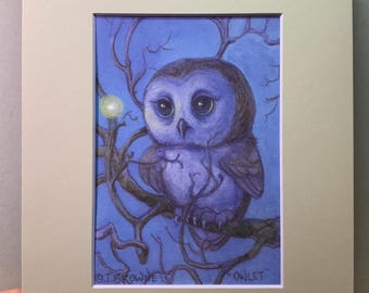 May include: A framed artwork featuring a purple owl perched on a branch against a blue background. The owl has large eyes and is surrounded by bare tree branches. The artwork is signed "O.J. Browne '13" and includes the word "owlet".