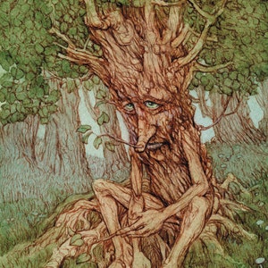 May include: A watercolor painting of a tree with a human-like face. The tree is sitting with its legs crossed and has a sad expression. The tree is surrounded by green foliage and mushrooms.