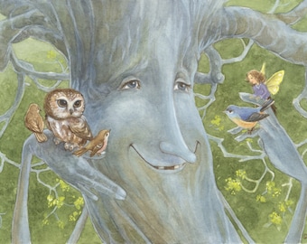 May include: Watercolor illustration of a friendly tree with a face, arms, and a smiling expression. An owl, small birds, a bluebird, and a fairy are perched on the tree's branches. The artwork has a whimsical, storybook style.
