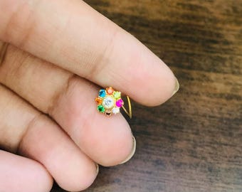 22k Gold Nose Pin-Multi Stone  Gold Nose pin - Nose Piercing stud - Solid Gold Nose Stud - Indian Nose Stud - Rajasthani Gold Nose Stud