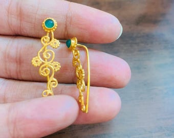 18k Gold Ear Climber Earring -Ear Climber Minimalist-Solid Gold Ear Crawler-Gold Ear Climber-Floral leafy Climber Ear Crawler Earring