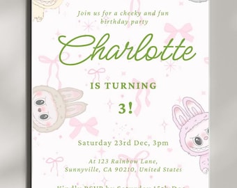 Invito di compleanno Labubu rosa modificabile / Modello di invito per festa Labubu / Biglietto di compleanno a cartoni animati carino / Download immediato / Modello Canva