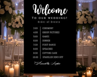 MINIMAL Wedding welcome timeline sign Template Black, Editable Simple wedding Order of The Day Signage,  Wedding Order of Events Poster