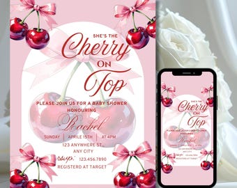 Cherry Baby Shower Invitation, Cherry on Top Invite, Editable Pink Bow Baby Shower Template, Pink Coquette Bow Invitation, Bow Baby Shower