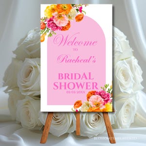 Bridal Shower Welcome Sign Template Pink and Orange Flower Roses Hot Pink Vibrant Floral Bridal Shower Poster Editable Fuchsia Welcome Decor