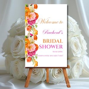 Bridal Shower Welcome Sign Template Pink and Orange Flower Roses Hot Pink Vibrant Floral Bridal Shower Poster Editable Fuchsia Welcome Decor