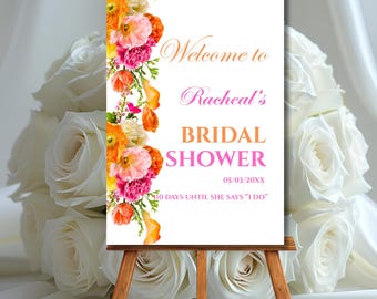 Bridal Shower Welcome Sign Template Pink and Orange Flower Roses Hot Pink Vibrant Floral Bridal Shower Poster Editable Fuchsia Welcome Decor