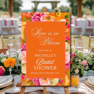 Bridal Shower Welcome Sign Template Pink and Orange Flower Roses Love is in Bloom Bridal Shower Poster Vibrant Floral Editable Welcome Decor