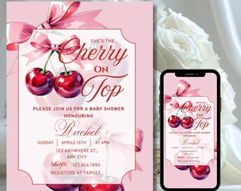 Cherry Baby Shower Invitation, Cherry on Top Invite, Editable Pink Bow Baby Shower Template, Pink Coquette Bow Invitation, Bow Baby Shower