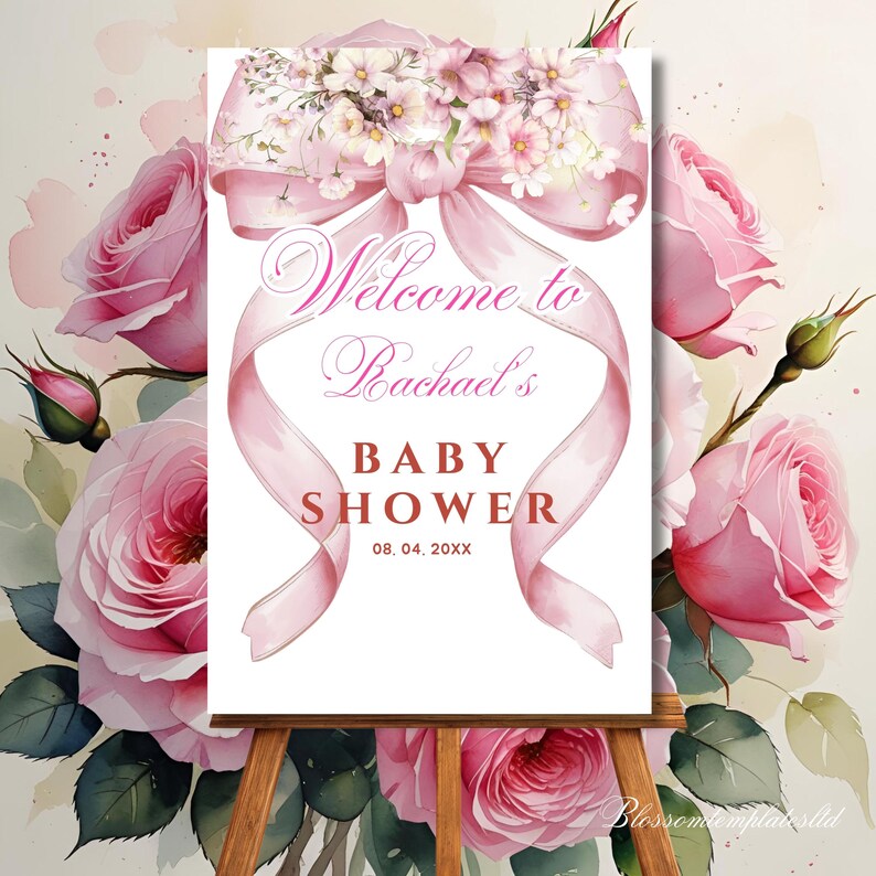 Welcome Rachae Pink Bow Baby Shower Welcome Sign Template Editable, Coquette Baby ...