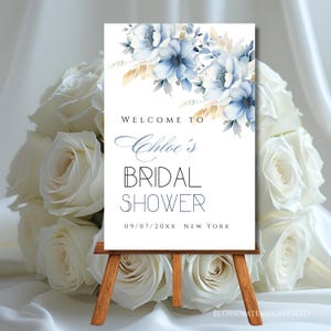 Bridal Shower Welcome Sign Template Blue Flower Roses Welcome Signage Editable Floral Bridal Shower Poster Editable Welcome Decor Download