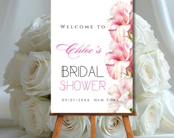 Modèle de plaque de bienvenue pour la douche nuptiale Fard à joues et fleurs roses roses signalisation de bienvenue affiche florale pour la douche nuptiale décoration de bienvenue modifiable dans les tons rose