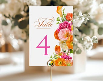 Floral Wedding Table Number Template Pink and Orange Printable Boho Summer Wedding Table Decor Botanical Wedding Table Number Cards Editable