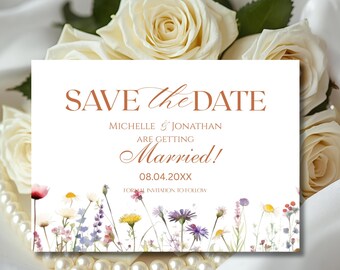Editable Wildflower Save The Date Wedding Invite Floral, Boho Save The Date Template, Printable Save our Date  Announcement with Flowers