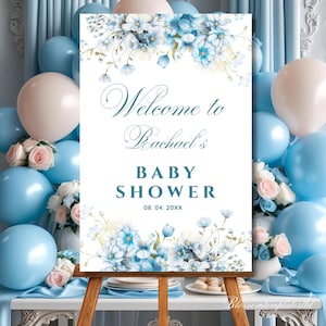 Floral Baby Shower Welcome Sign Template Editable Blue, Boy Baby Shower Welcome Poster Boy Digital Welcome Signage Decor Instant Download