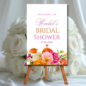 Bridal Shower Welcome Sign Template Pink and Orange Flower Roses Hot Pink Vibrant Floral Bridal Shower Poster Editable Fuchsia Welcome Decor