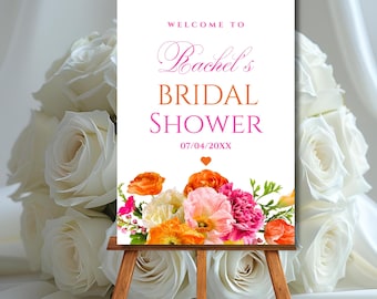 Bridal Shower Welcome Sign Template Pink and Orange Flower Roses Hot Pink Vibrant Floral Bridal Shower Poster Editable Fuchsia Welcome Decor