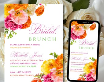 Bridal Brunch Invitation Template, Editable Bridal Shower Hot Pink and Orange Roses, Bright Pink Invitation, Printable Pink Floral Invite