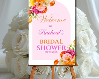 Bridal Shower Welcome Sign Template Pink and Orange Flower Roses Hot Pink Vibrant Floral Bridal Shower Poster Editable Fuchsia Welcome Decor