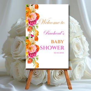Baby Shower Welcome Sign Template Pink and Orange Flower Roses Hot Pink Vibrant Floral Baby Shower Poster Editable Fuchsia Welcome Decor