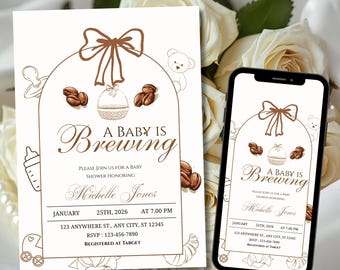 Plantilla editable de invitación para baby shower con granos de café, minimalista, con un bebé preparando café, para evitar el género.