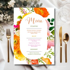 Editable Wedding Menu Template Pink and Orange, Printable hot pink Floral Menu Cards, fuchsia Bridal Shower Menu, Vibrant Birthday Menu