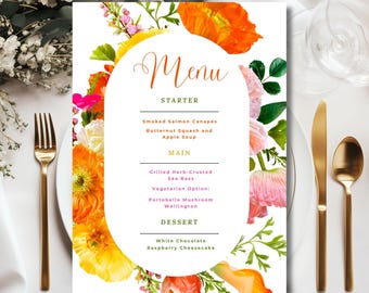 Bearbeitbare Hochzeitsmenüvorlage Pink und Orange, druckbare pinkfarbene Menükarten mit Blumen, fuchsiafarbenes Brautduschenmenü, lebendiges Geburtstagsmenü