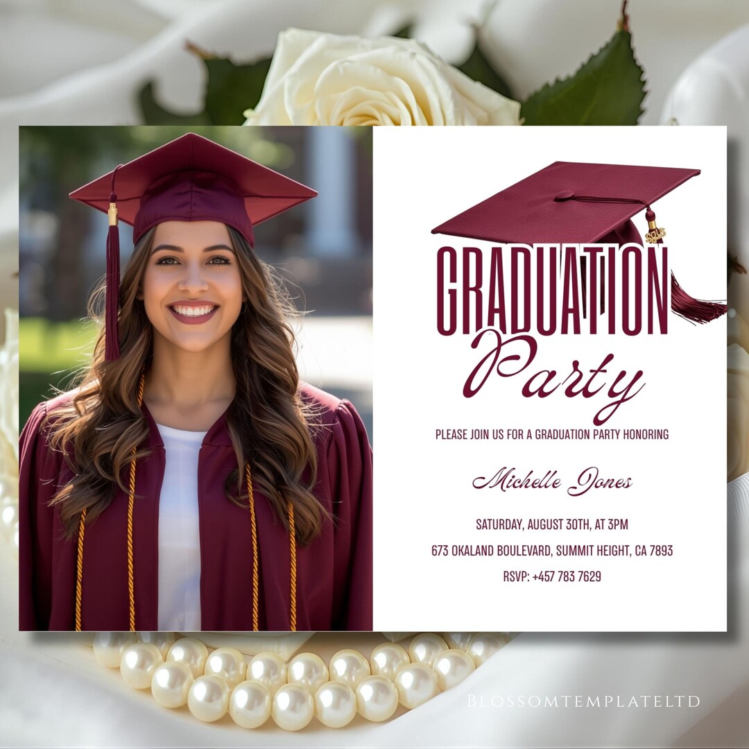 Burgundy Graduation Invitation, Red Editable Grad Party Invite ...