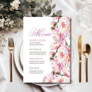 Editable Wedding Menu Card Template Pink, Printable Pink Roses Party Floral Menu Cards, Pink Bridal Shower Menu, Vibrant Birthday Menu