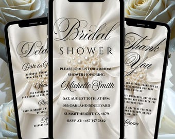 Pearls Bridal Shower Invitation, Digital White Bow Brunch Evite, Editable Bridal Bachelorette Template, Boho Shower Party Itinerary