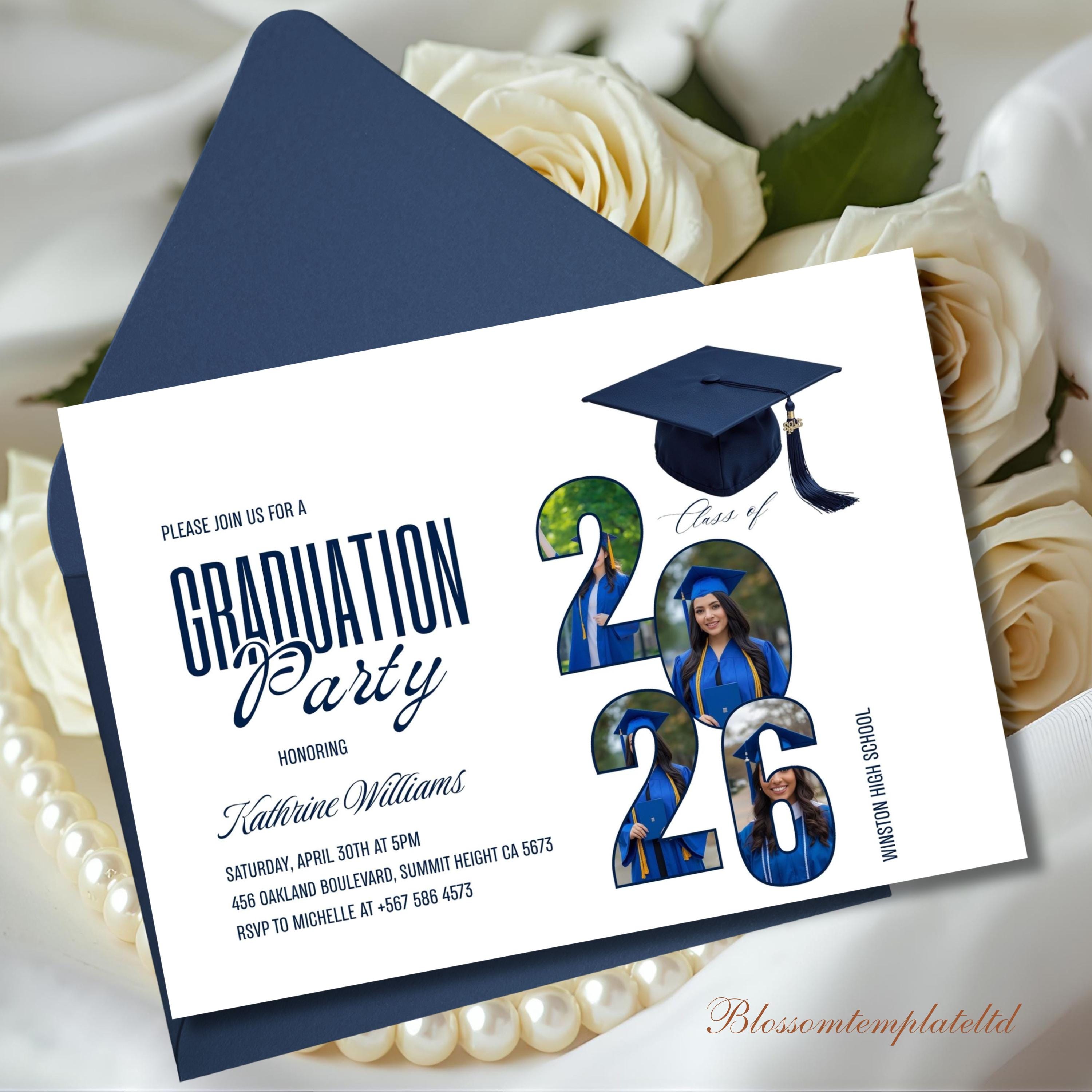 Blue Graduation Mini Invitation, Minimalist Grad Party Insert Card ...