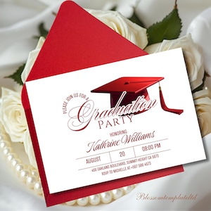 May include: A red graduation party invitation with a matching red envelope. The invitation features a red graduation cap graphic and the words "Graduation Party" in elegant script. Details include the honoree's name, date, time, and location.