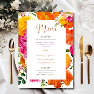 Editable Wedding Menu Template Pink and Orange, Printable hot pink Floral Menu Cards, fuchsia Bridal Shower Menu, Colorful Birthday Menu