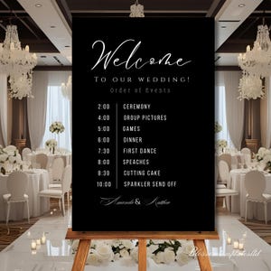 MINIMAL Wedding welcome timeline sign Template Black, Editable Simple wedding Order of The Day Signage,  Wedding Order of Events Poster