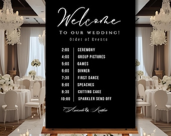 MINIMAL Wedding welcome timeline sign Template Black, Editable Simple wedding Order of The Day Signage,  Wedding Order of Events Poster