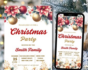 May include: A Christmas party invitation with a festive design. The invitation features red text that reads "Christmas Party" and includes details such as the date, time, location, and dress code. The design includes floral and ornament graphics.